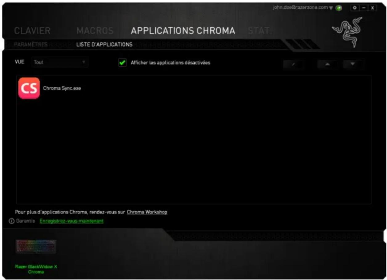 RAZER BlackWidow X Chroma - ONGLET LIST DES APPLICATIONS - 2