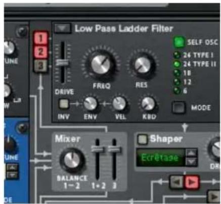 PROPELLERHEAD Reason 6.0 - Cliquez sur la flèche de pop-up dans le coin supérieur gauche de l'emplacement de l'oscillateur 2 et selectionnéz y un second oscillateur à partir du menu pop-up. - 3