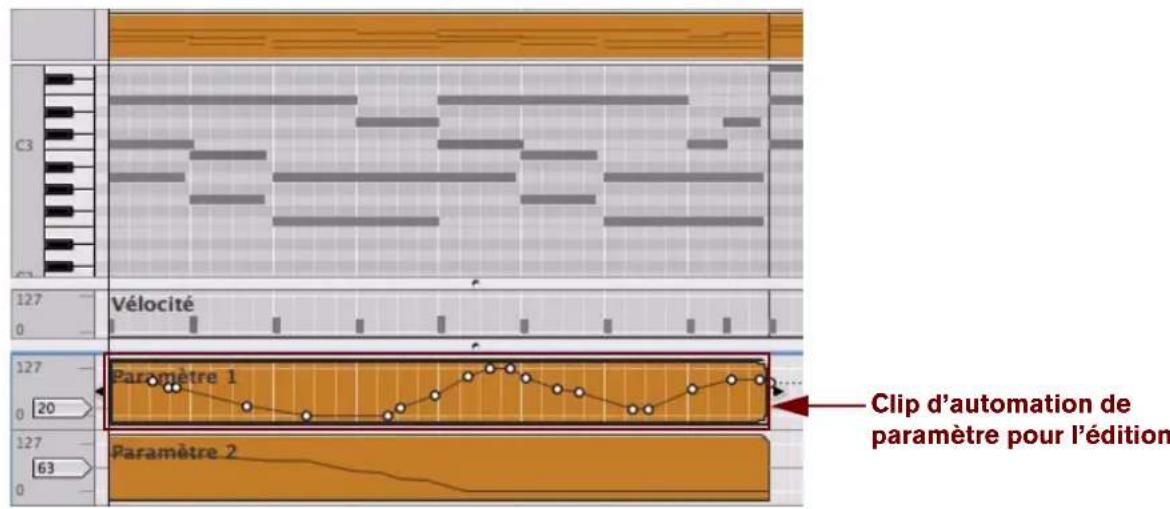 PROPELLERHEAD Reason 6.0 - Ouvrez le clip d'automation de paramètre pour l'édition en double-cliquant dessus ou en le selectionnant, puis en appuyant sur [Entrée]. - 1