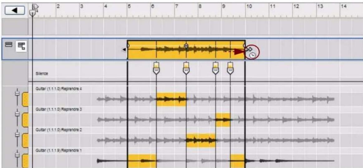 PROPELLERHEAD Reason 6.0 - Maintenez les touches [Ctrl](Win)/[Option](Mac) enforcées, puis cliquez et déplacez le curseur latéralement dans la direction de votre choix pourmettre le clip à l'échelle. - 1