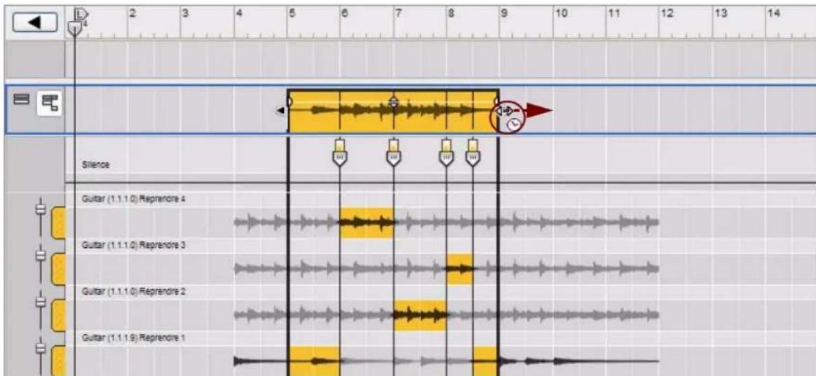 PROPELLERHEAD Reason 6.0 - Une fois l'outil de seLECTION selectionne, maintenez les touches [Ctrl](Win) ou [Option](Mac) enfoncées, puis placez le curseur de la souris sur l'une des poignées de redimensionnement du clip. - 1