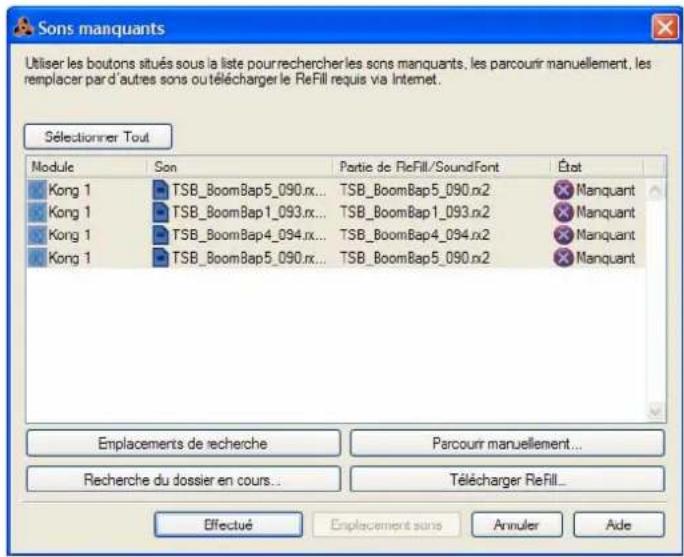PROPELLERHEAD Reason 6.0 - La boîte de dialogue Sons manquants - 1