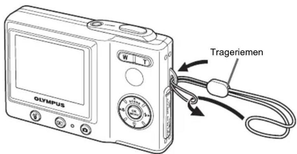 OLYMPUS Camedia X600 - Bringen Sie den Trageriemen wie in der Abbildung gezeigt an. - 1