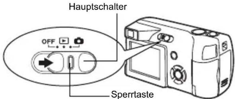 OLYMPUS Camedia D540 Zoom - Einschalten: Schieben Sie den Hauptschalter auf, während Sie die Sperrtaste gedrückt halten. - 1