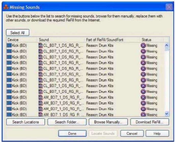 PROPELLERHEAD Reason Essentials 1.0 - La boîte de dialogue Sons manquants - 1