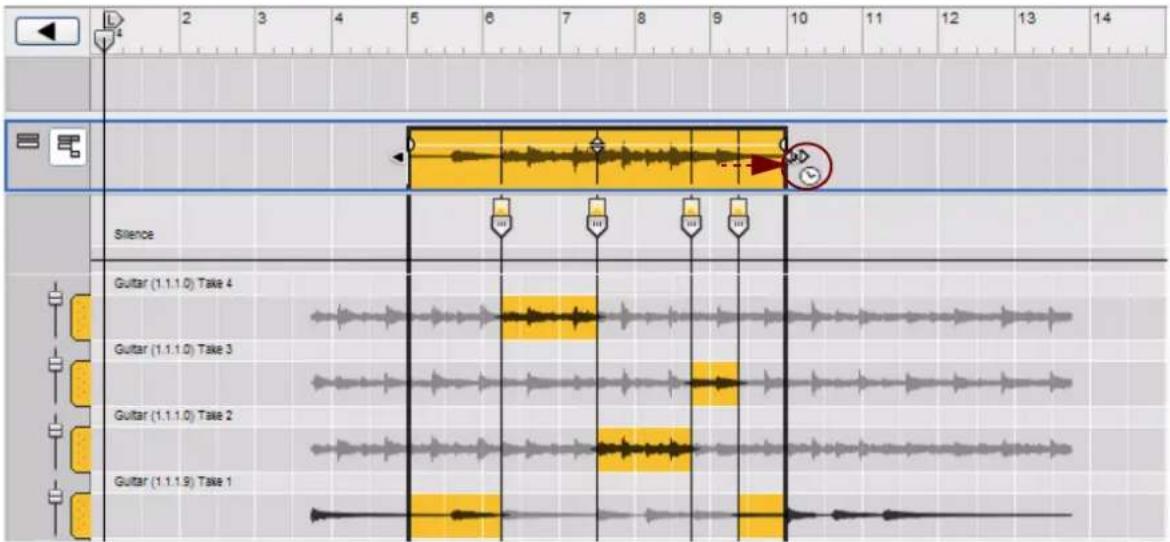 PROPELLERHEAD Reason Essentials 1.0 - Maintenez les touches [Ctrl](Win)/[Option](Mac) enfoncées, puis cliquez et déplacez le curseur latéralement dans la direction de votre choix pour mettre le clip à l'échelle. - 1