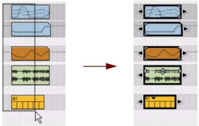 PROPELLERHEAD Reason Essentials 1.0 - → Dessinez un rectangle de sélection à l'aide de l'outil Sélection (flèche) sur l'arrière-plan du panneau Arrangement. - 1
