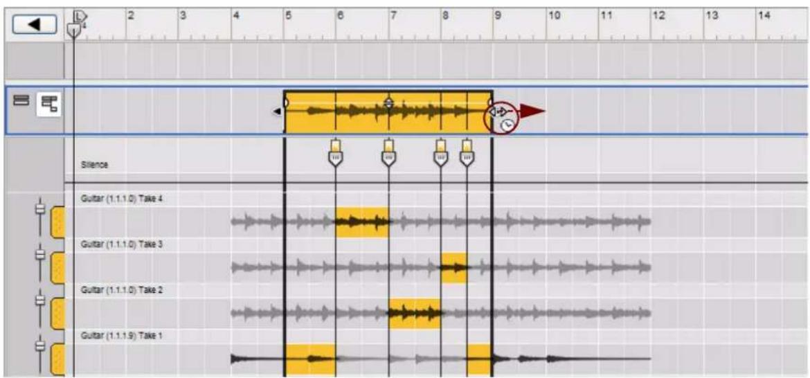 PROPELLERHEAD Reason Essentials 1.0 - Une fois l'outil de sélection sélectionné, maintenez les touches [Ctrl](Win) ou [Option](Mac) enfoncées, puis placez le curseur de la souris sur l'une des poignées de redimensionnement du clip. - 1