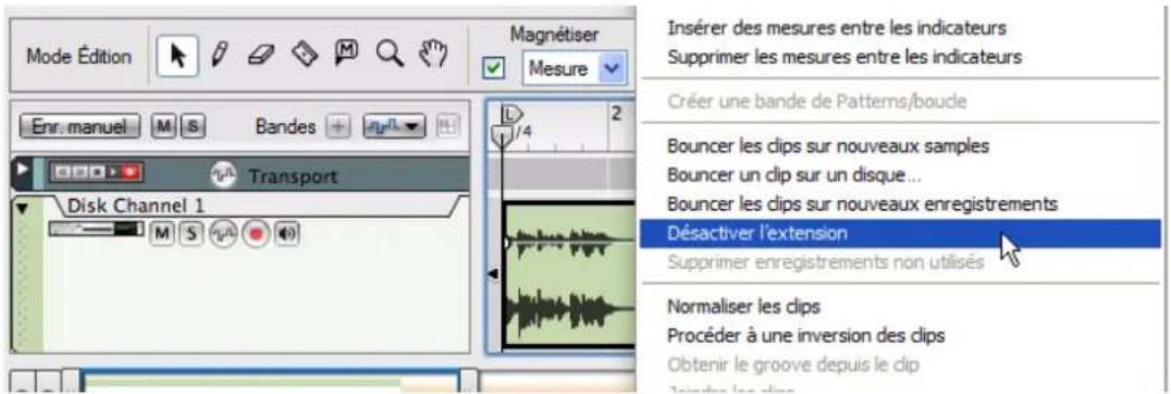 PROPELLERHEAD Reason Essentials 1.5 - Sélectionnez le clip contenant le fisier audio importé et seLECTIONnez « Désactiver l'extension » dans le menu édition ou de contexte. - 1