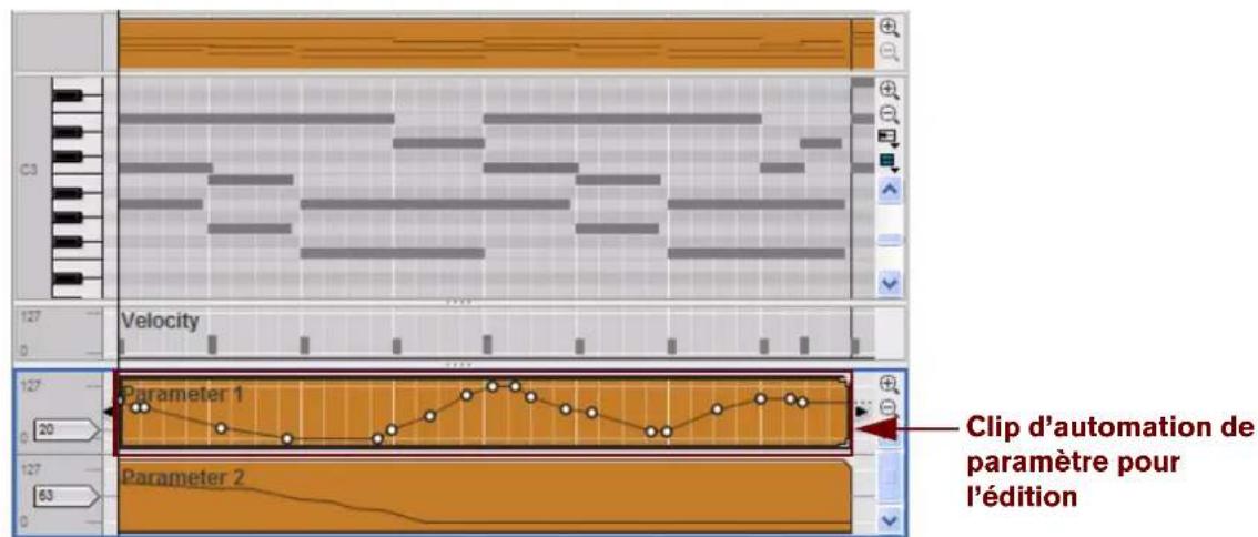 PROPELLERHEAD Reason Essentials 1.5 - Ouvrez le clip d'automation de paramètre pour l'édition en double-cliquant dessus ou en le selectionnant, puis en appuyant sur [Entrée]. - 1