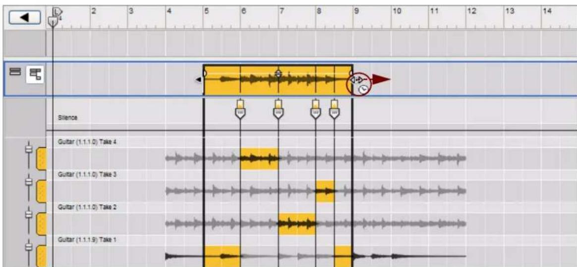 PROPELLERHEAD Reason Essentials 1.5 - Une fois l'outil de selection selectionne, maintenez les touches [Ctrl](Win) ou [Option](Mac) enfoncées, puis placez le curseur de la souris sur l'une des poignees de redimensionnement du clip. - 1
