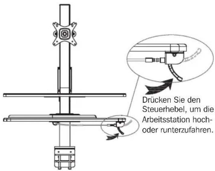 Drücken Sie den Steuerhebel, um die Arbeitsstation hoch- oder runterzufahren.