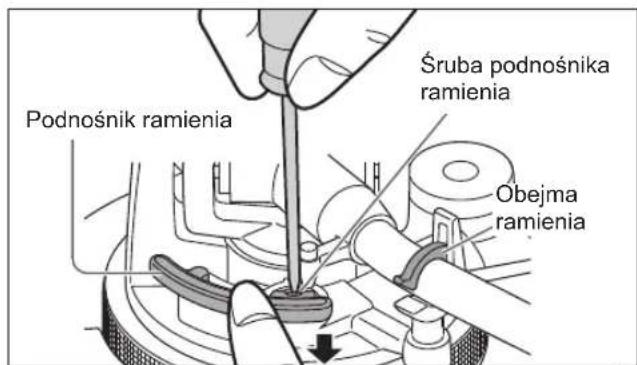 PANASONIC SL100C - Umieścić ramię gramofonu na wsporniku ramienia, zacisnąć je obejmą ramienia, a podczas naciskania przycisku podnośnika ramienia palcem w dół obracać śrubę, by wyregulować wysokość. - 1