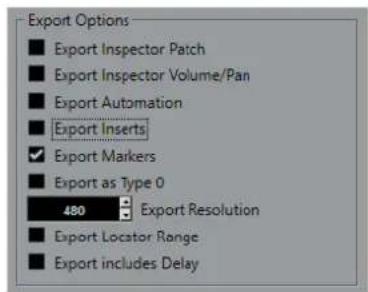 STEINBERG Cubase Elements 10.5 - Boîte de dialogue Options d'exportation pour les fichiers MIDI - 1