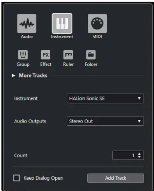 STEINBERG Cubase Elements 10.5 - Boîte de dialogue Ajouter une piste - Instrument - 1