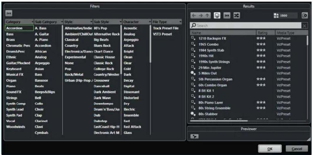 STEINBERG Cubase Elements 10.5 - Explorateur de résultats de prérégliages d'instrument - 1