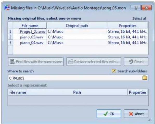 STEINBERG Wavelab 8.5 - Boîte de dialogue Fichiers manquants dans Montage Audio - 1