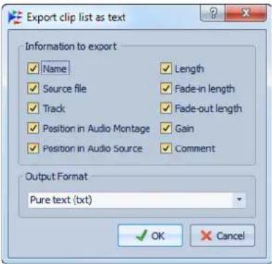 STEINBERG Wavelab 8.5 - Boite de dialogue Exporter la liste des clips sous forme de texte - 1
