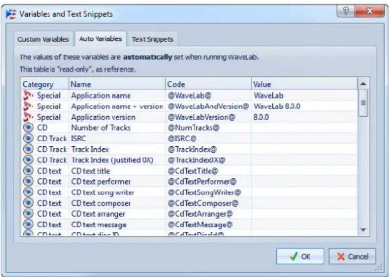 STEINBERG Wavelab 8.5 - Boîte de dialogue Variables et fragments de texte - 1
