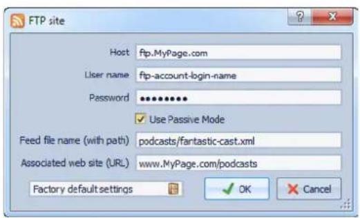STEINBERG Wavelab 8.5 - Exemple de boîte de dialogue Site FTP - 1