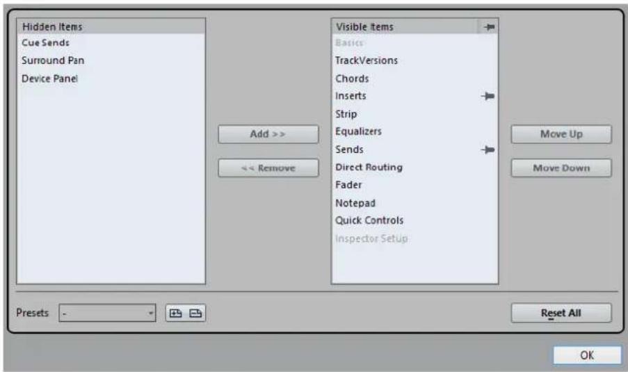 STEINBERG Cubase Pro 9.5 - Boîte de dialogue des paramètres de l'Inspecteur - 1