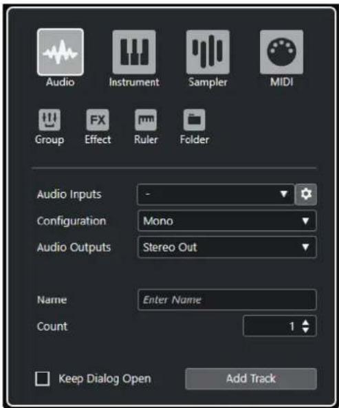 STEINBERG Cubase AI 10 - Boîte de dialogue Ajouter une piste - Audio - 1
