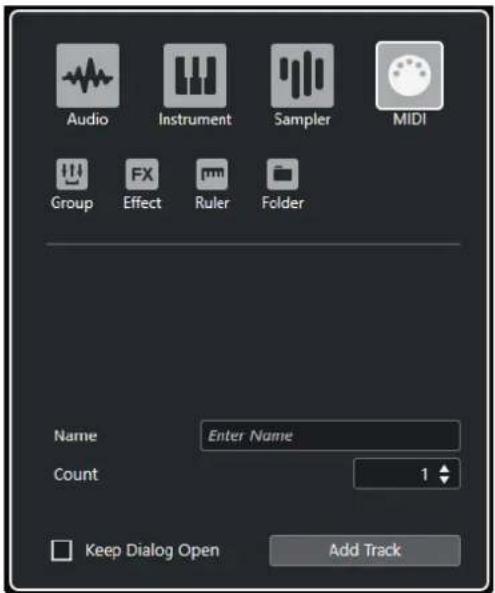 STEINBERG Cubase AI 10 - Boîte de dialogue Ajouter une piste - MIDI - 1