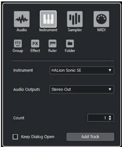 STEINBERG Cubase AI 10 - Boîte de dialogue Ajouter une piste - Instrument - 1