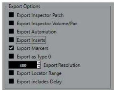 STEINBERG Cubase AI 10 - Boîte de dialogue Options d'exportation pour les fichiers MIDI - 1