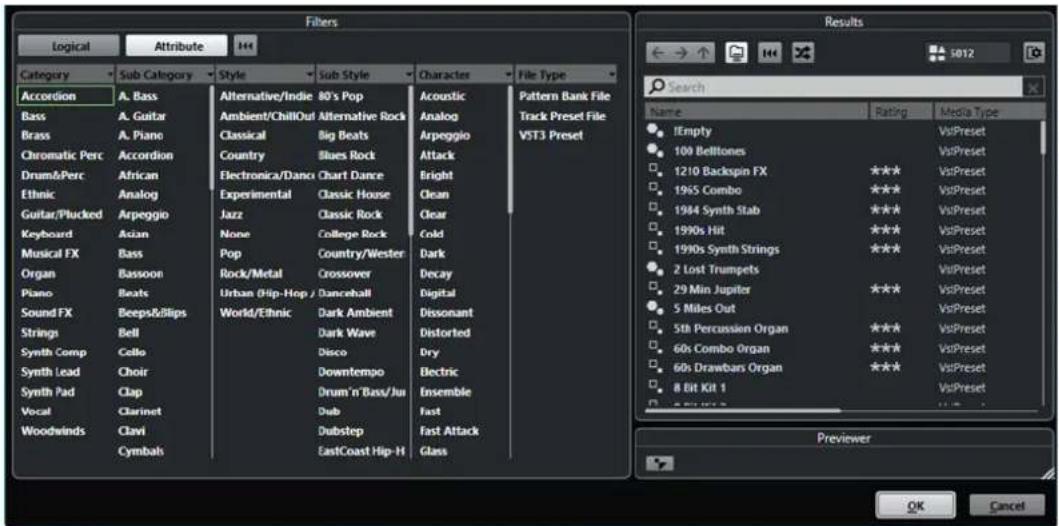 STEINBERG Cubase Pro 11 - Explorateur de résultats de prérégliages d'instrument - 1