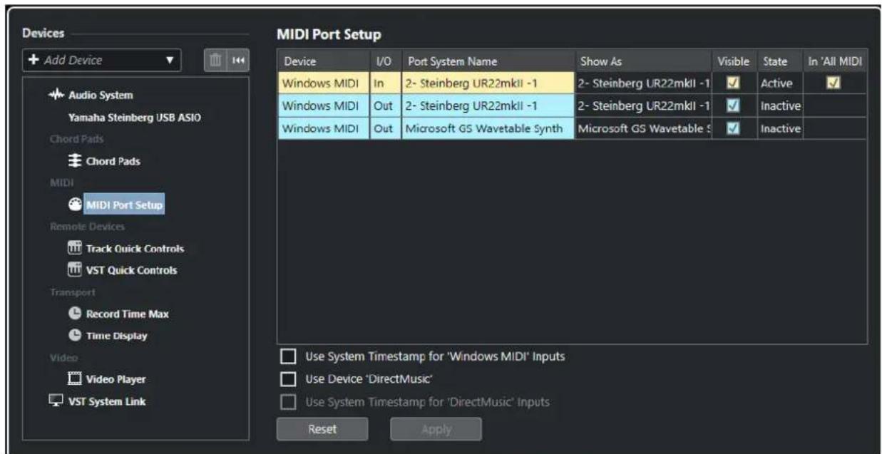 STEINBERG Cubase Pro 11 - Page Configuration des ports MIDI - 1