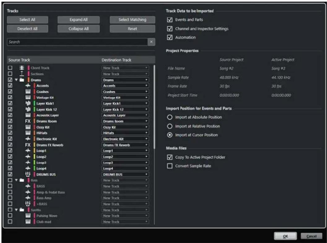 STEINBERG Cubase Pro 11 - Boîte de dialogue Options d'import pour les pistes - 1