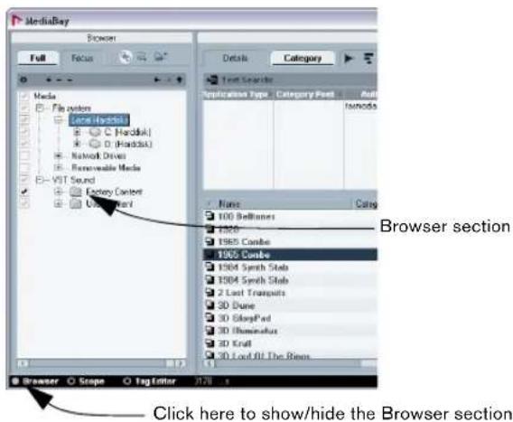 STEINBERG Nuendo 4 - Show the Browser section. - 1