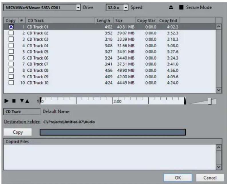 STEINBERG Nuendo 11 - Boîte de dialogue Importer du CD-audio - 1