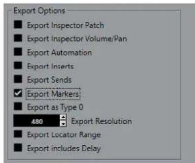 STEINBERG Nuendo 11 - Boîte de dialogue Options d'exportation pour les fichiers MIDI - 1