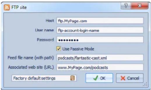 STEINBERG Wavelab Elements 8 - Exemple de boîte de dialogue Site FTP - 1