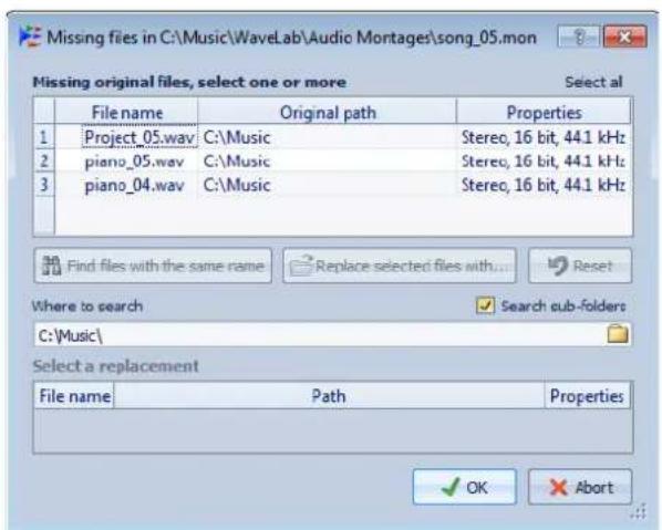 STEINBERG Wavelab Elements 8 - Boîte de dialogue Fichiers manquants dans Montage Audio - 1