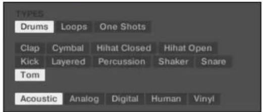 NATIVE INSTRUMENTS Maschine 2.0 MK2 - Tags (attributs) pour les Projects, Groups, Sounds et Samples : les 3 niveaux « Type » - 5