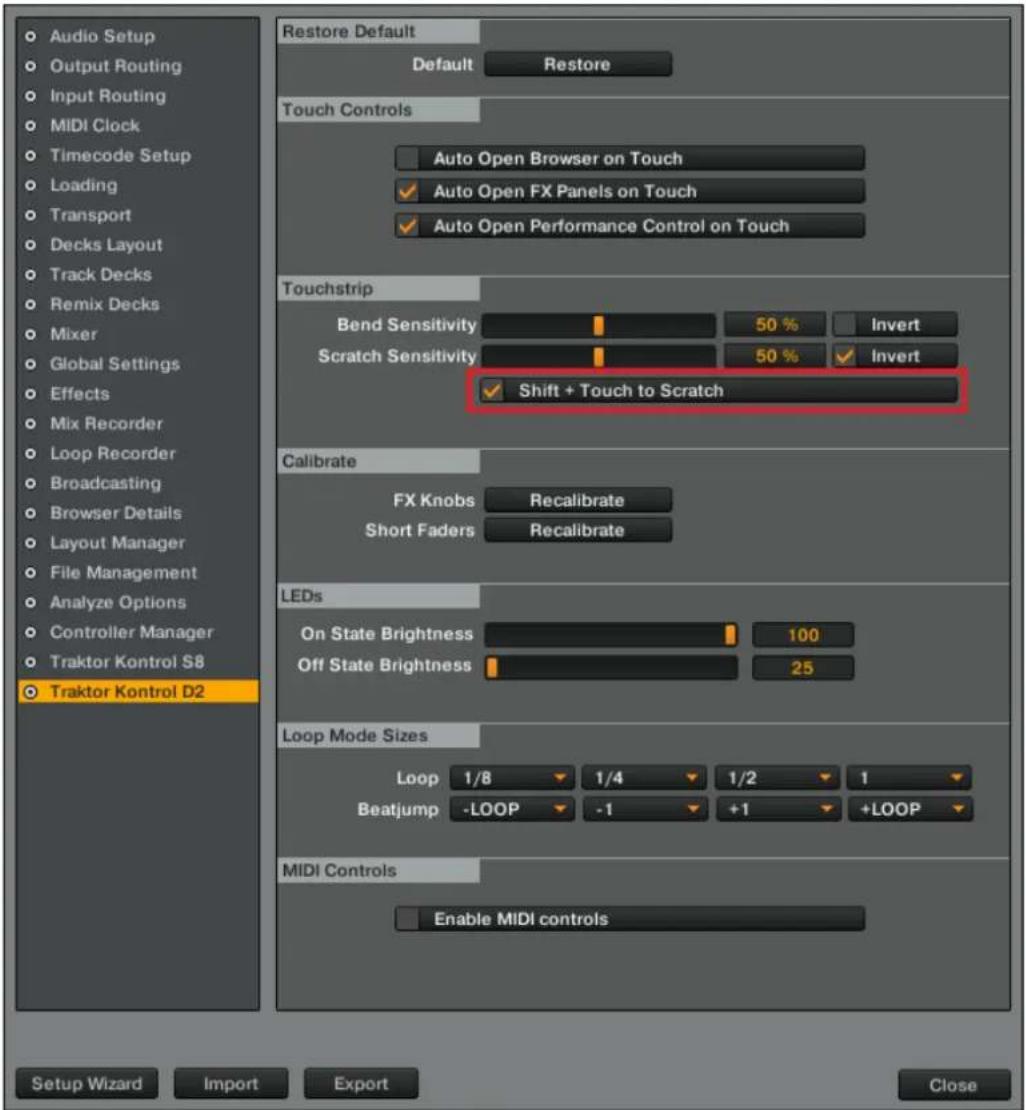 NATIVE INSTRUMENTS Traktor Kontrol D2 - Activier la préférence Touch to Scratch - 1