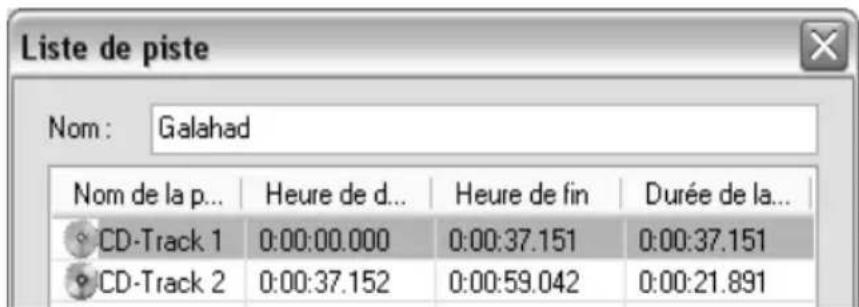 Liste de piste Nom : Galahad Nom de la p... Heure de d... Heure de fin Durée de la... CD-Track 1 0:00:00.000 0:00:37.151 0:00:37.151 CD-Track 2 0:00:37.152 0:00:59.042 0:00:21.891