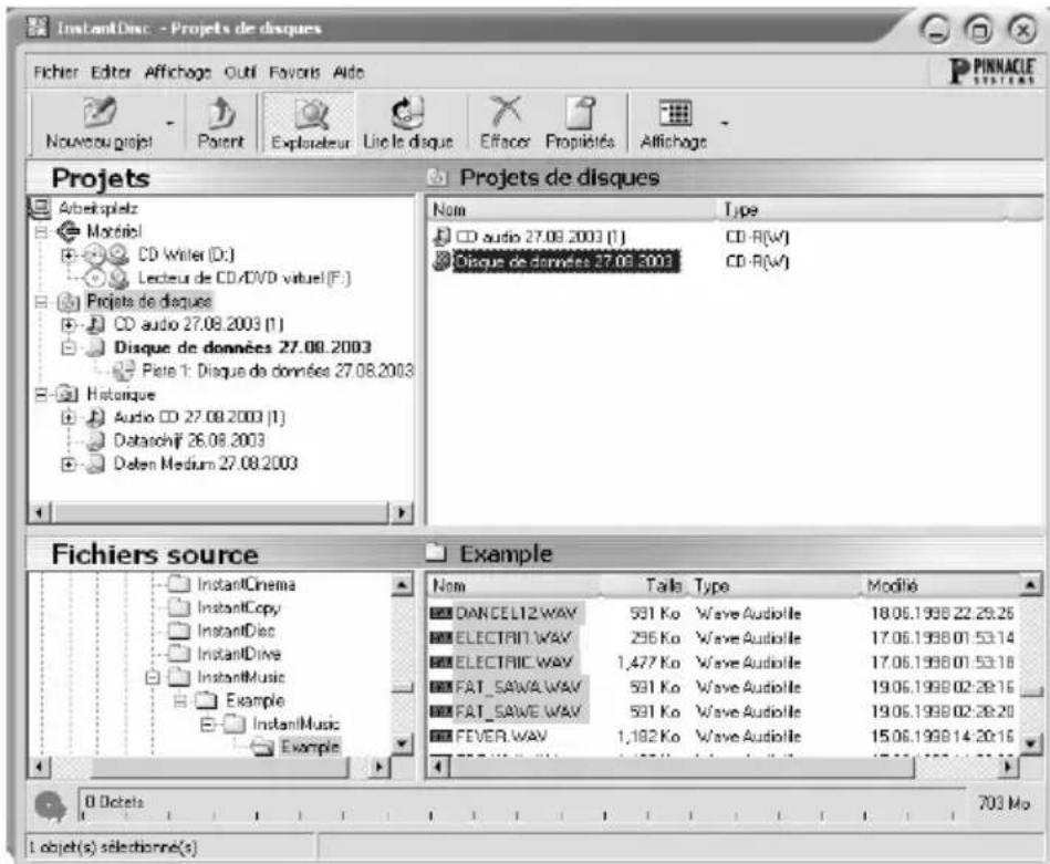 InstantDisc - Projets de disques Fichier Editor Affichage Outil Favors Aide Nouveau projet Patent Exploreur Lique du disque Effacer Propistés Affichage Projets Projets de disques Nom Type CD audio 27.08.2003 (1) CD-R(W) Clique de données 27.08.2003 CD-R(W) Histonque Audio CD 27.08.2003 (1) Datachijf 26.08.2003 Daten Medium 27.08.2003 Fichiers source Example Nom Taila Type Modifié DANCELL2.WAV 591 Ko Wave Audiolle 18.06.1998 22:29:25 ELECTRIT1.WAV 296 Ko Wave Audiolle 17.06.1998 01:53:14 ELECTRIC.WAV 1,477 Ko Wave Audiolle 17.06.1998 01:53:18 FAT_SAWA.WAV 591 Ko Wave Audiolle 19.06.1998 02:29:16 FAT_SAWE.WAV 591 Ko Wave Audiolle 19.06.1998 02:29:20 FEVER.WAV 1,192 Ko Wave Audiolle 15.06.1998 14:20:16 0 Dictats 703 Mo 1 objet(s) sélectionne(s)
