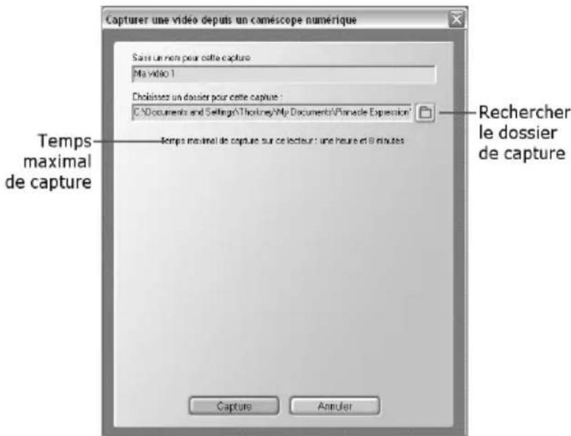 Capturer une vidéo depuis un camescope numérique Sans un non pour cette capture Ma vidéo 1 Choisses un dossier pour cette capture : CAD documents and Settings\Thickney\My Documents\Pinnacle Expression Rechercher le dossier de capture Temps maximal de capture Temps maximal de capture sur ce lecteur : une heure et 6 minutes Capture Annuler