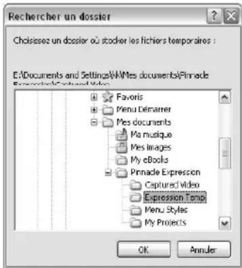 Rechercher un dossier Chaissez un dossier où stocker les fichiers temporaires : E:\Documents and Settings\vk\Mes documents\xPinnacle Exercisable\Exercisable Video Favoris Menu Dénarrer Mes documents Ma musique Mes Images My eBooks Pinnacle Expression Captured Video Expression Tempi Menu Styles My Projects OK Annuler
