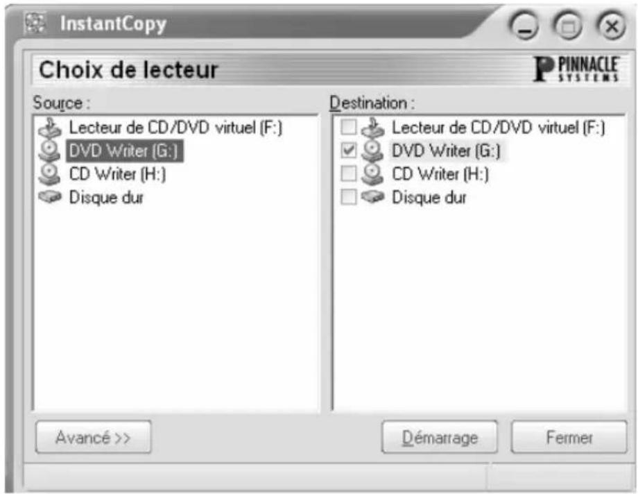 InstantCopy Choix de lecteur Source : Lecteur de CD/DVD virtuel (F:) DVD Writer (G:) CD Writer (H:) Disque dur Destination : Lecteur de CD/DVD virtuel (F:) DVD Writer (G:) CD Writer (H:) Disque dur Avancé >> Démarrage Fermer
