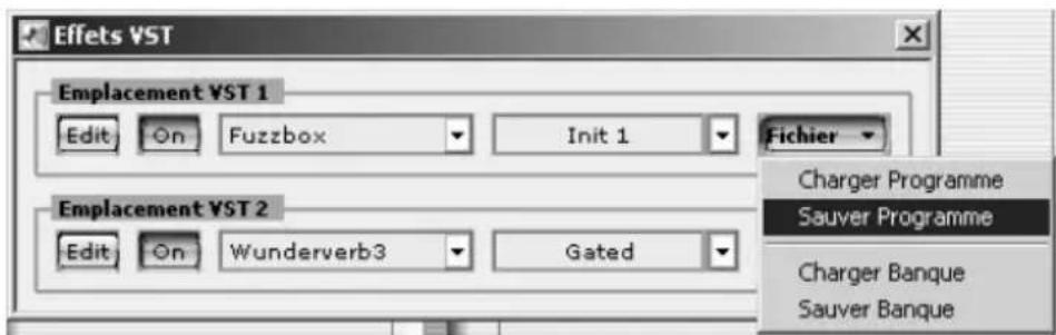 Effets VST Emplacement VST 1 Edit On Fuzzbox Init 1 Fichier Emplacement VST 2 Edit On Wunderverb3 Gated Charger Programme Sauver Programme Charger Banque Sauver Banque