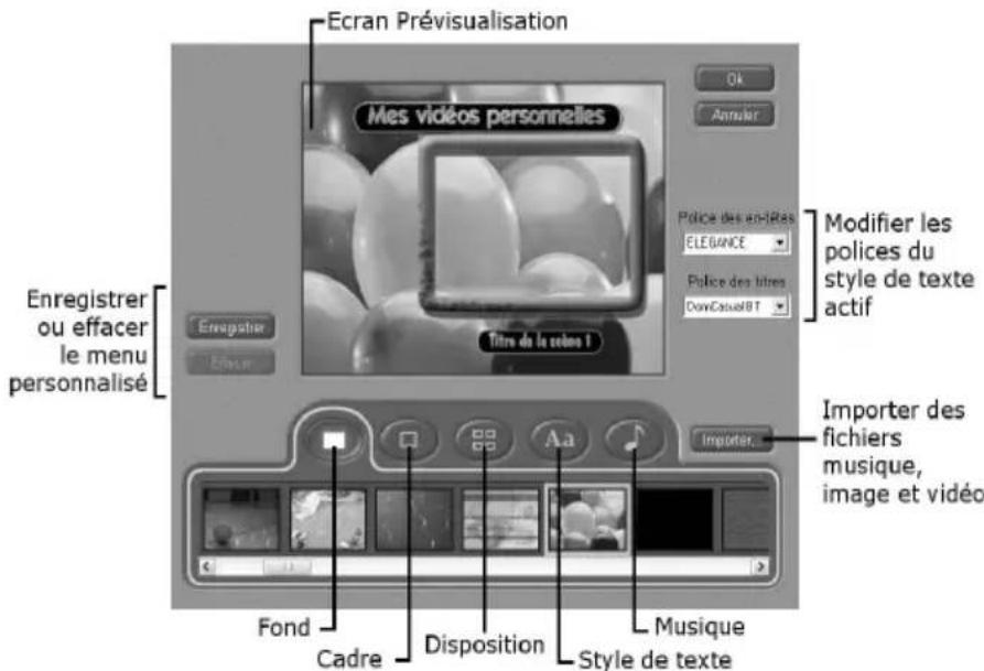Ecran Prévisualisation Mes vidéos personnelles Enregistrer ou effacer le menu personnalisé Titre de la même 1 Emréngher Effacer Fond Cadre Disposition Style de texte Aa Musicque Importer des fichiers musique, image et vidéo Modifier les polices du style de texte actif Importer