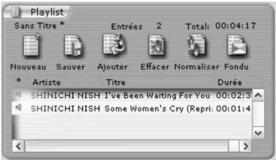 Playlist Sans Titre * Entrées 2 Total: 00:04:17 Nouveau Sauver Ajouter Effacer Normaliser Fondu * Artiste Titre Durée SHINICHI NISH I've Been Waiting For You 00:02:3 SHINICHI NISH Some Women's Cry (Repri: 00:01:4