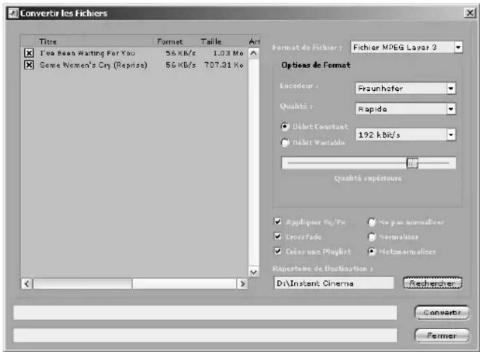 Convertir les Fichiers Title Format Taillie Art I’ve Been Waiting For You 56 KB/s 1.03 Me Some Women's Cry (Reprise) 56 KB/s 707.31 Ke Format de Fichier : Fichier MPEG Layer 3 Options de Format Encodeur : Fraunhofer Qualité : Rapida Débit Constant 192 kBit/s Débit Variable Qualité sépérature Appliquer Eq/Fx • ne pas normaliser CrossFade • Normaliser Décrer une Playlist • Metnormaliser Rapertone de Destination : Dr\Instant Cinema Rechercher Converter Fermer