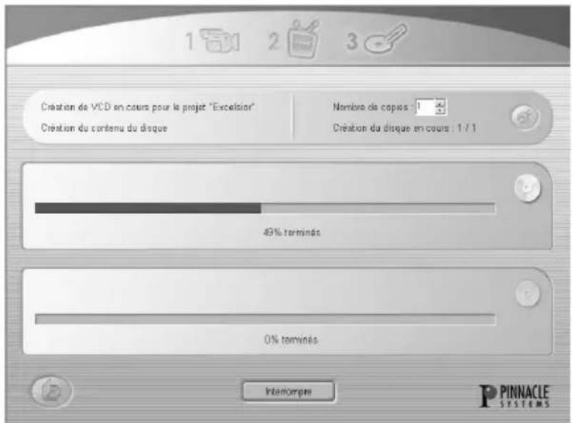 1 2 3 Création de VCD en cours pour le projet "Excelsior" Création du contenu du disque Nombre de copies : 1 / 2 Création du disque en cours : 1 / 1 49% terminés 0% terminés Intercompte P Pinnacle SYSTEMS