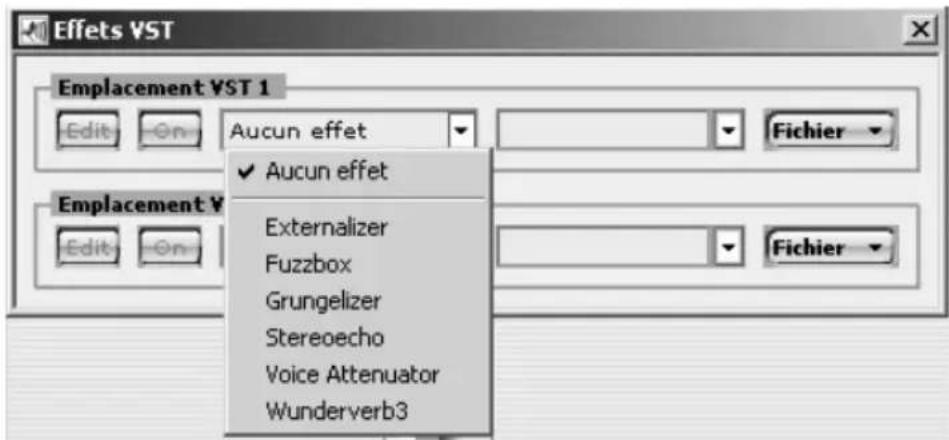 Effets VST Emplacement VST 1 Edit □ On Aucun effet ✓ Aucun effet Externalizer Fuzzbox Grungelizer Stereoecho Voice Attenuator Wunderverb3